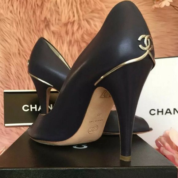 Chanel navy blue open toe high heels